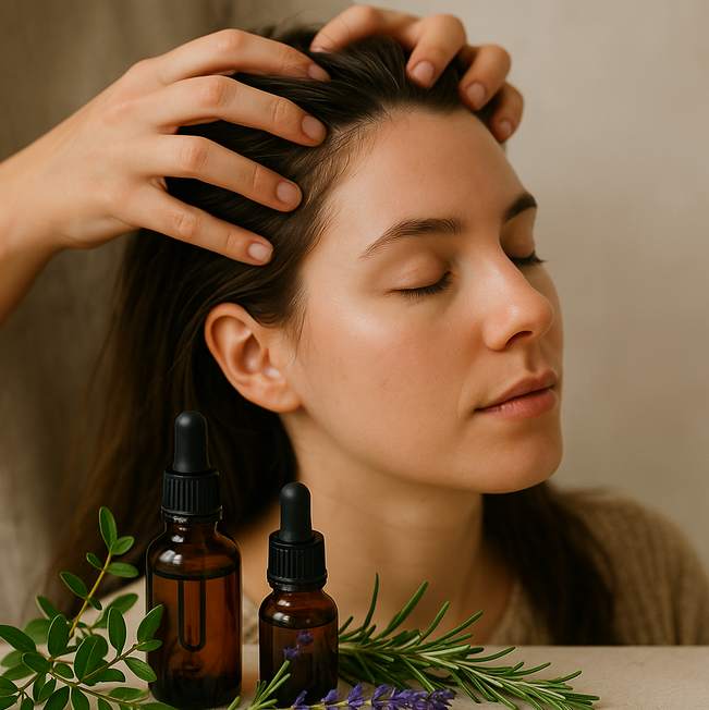 Aceites esenciales para un cuero cabelludo saludable - romero y lavanda y árbol de té